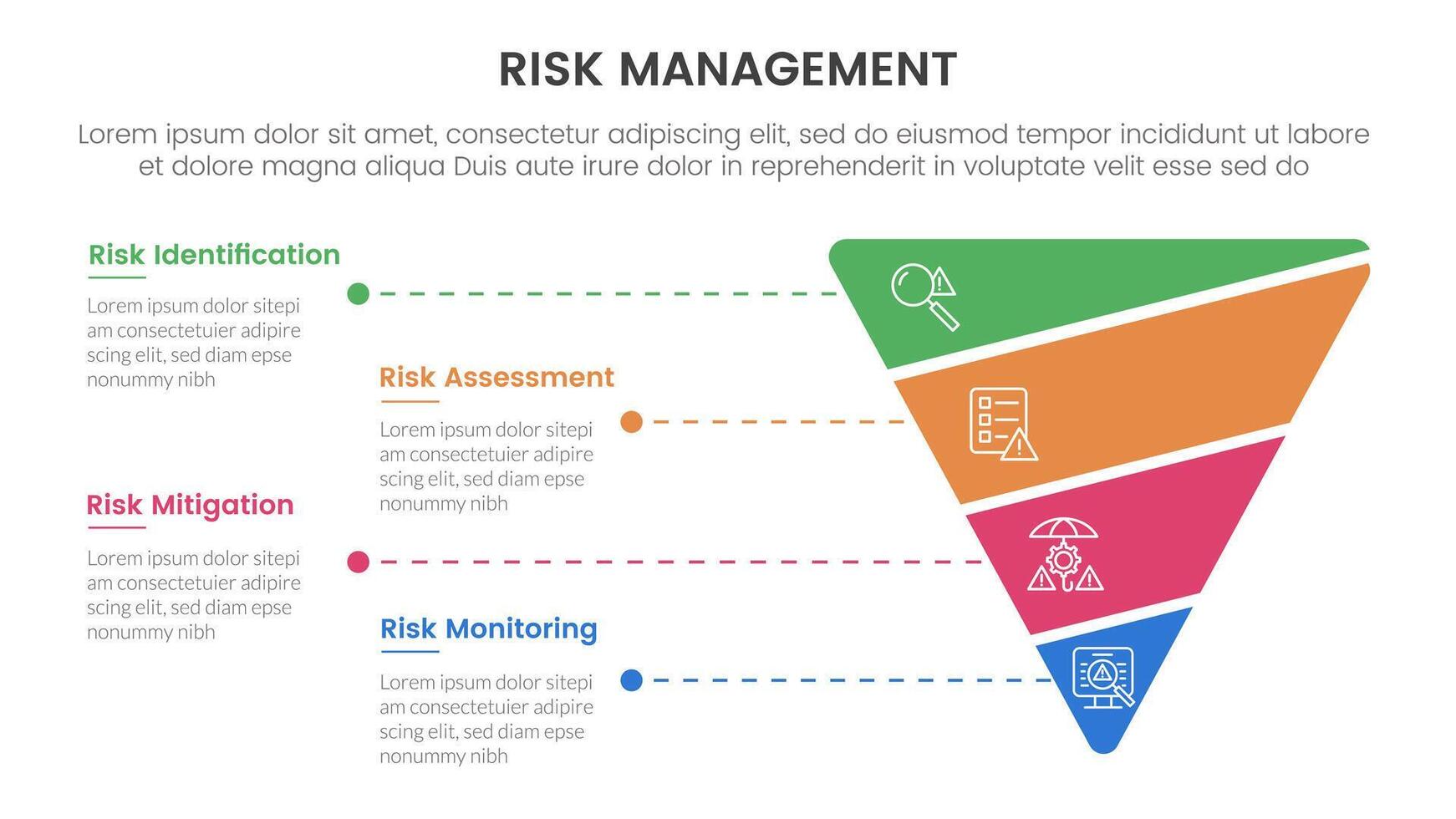 risk management infographic with 4 point stage template with funnel reverse pyramid shape slice for slide presentation vector