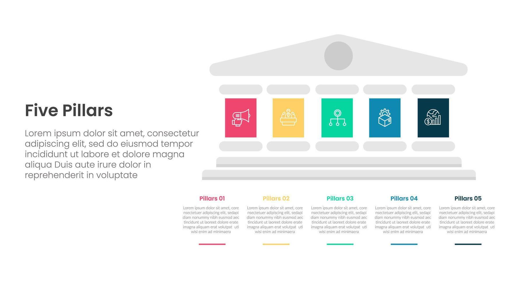 Five pillars framework with ancient classic construction infographic with 5 point stage template with big pillars on right column side for slide presentation vector