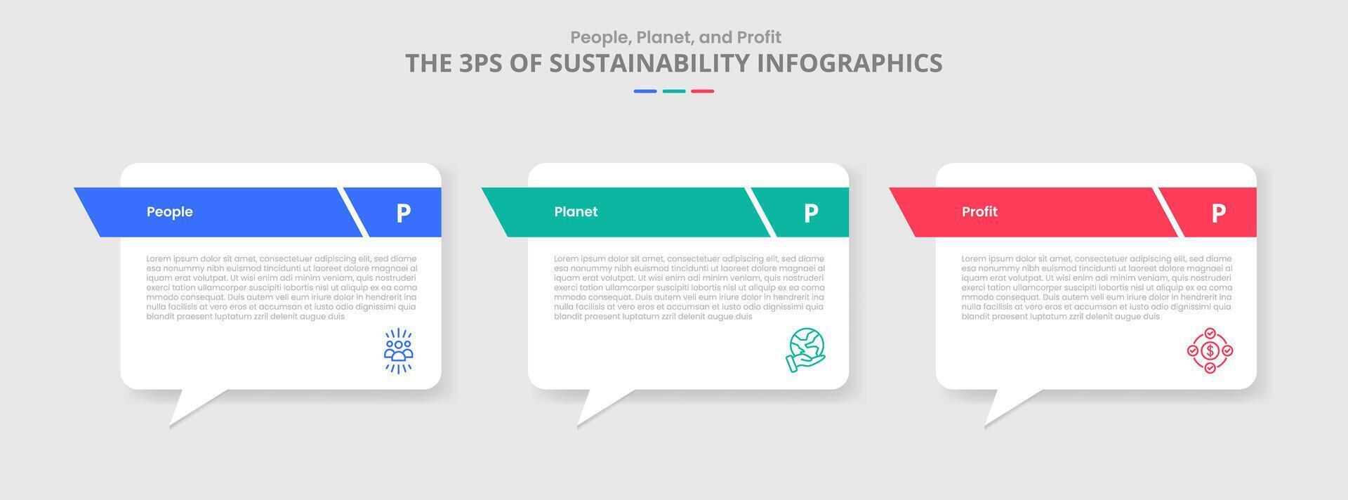 3P sustainability concept for infographic with drop shadow style with callout discussion box with sharp header with 3 point list information vector