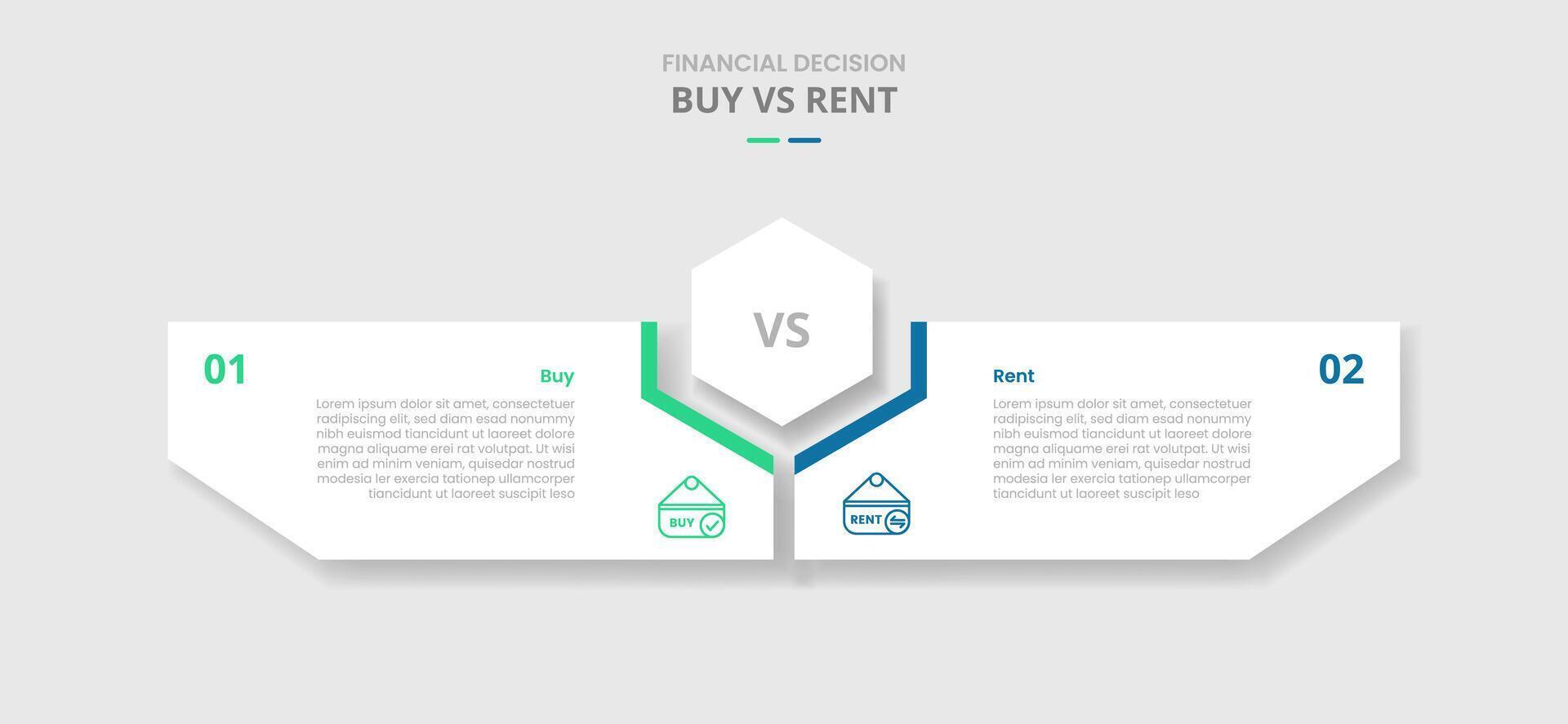 buy vs rent comparison for infographic with hexagon center and creative box shaped by hexagonal drop shadow style with two point list information vector