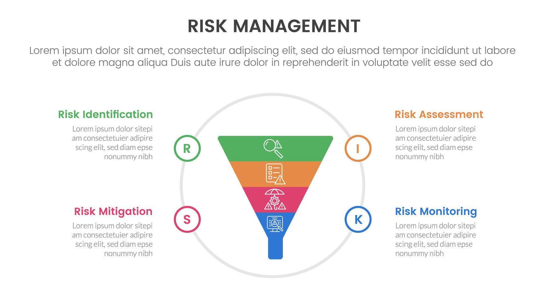 risk management infographic with 4 point stage template with funnel on big circle for slide presentation vector