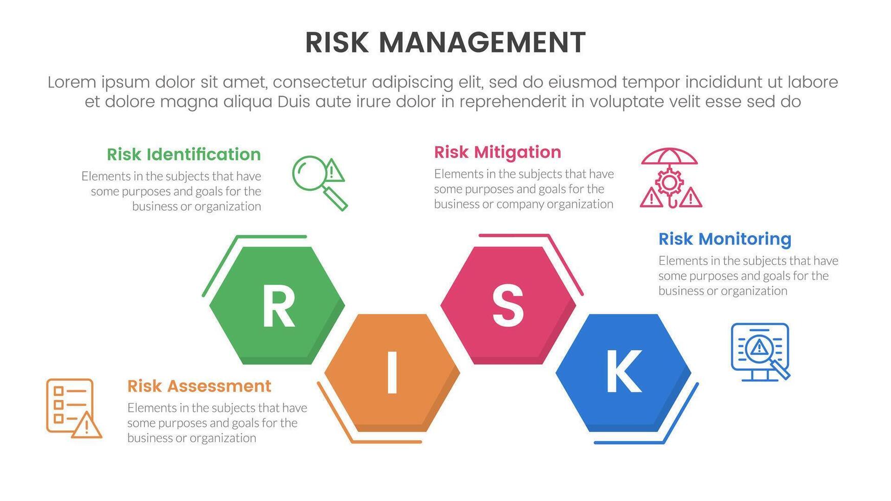 risk management infographic with 4 point stage template with hexagon unbalance up and down for slide presentation vector