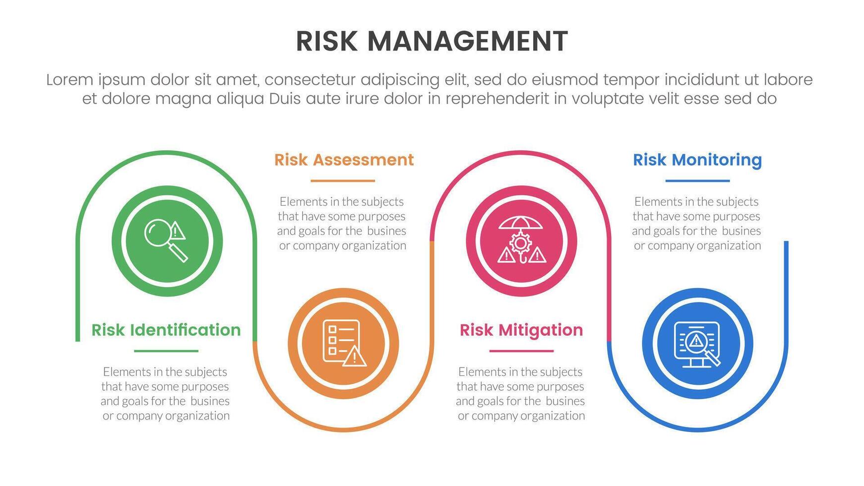 risk management infographic with 4 point stage template with timeline circle point up and down linked line for slide presentation vector