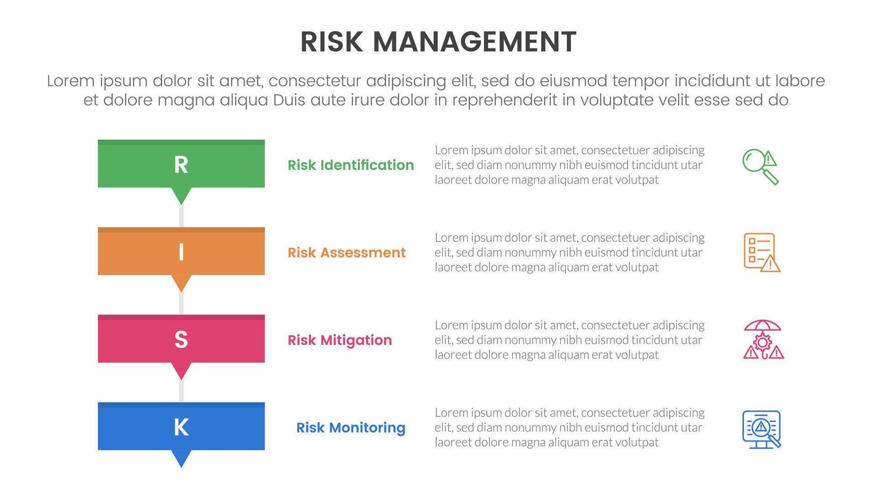 risk management infographic with 4 point stage template with rectangle box stack with small arrow bottom for slide presentation vector