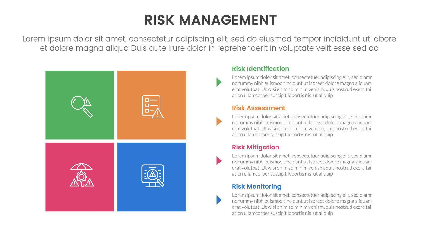 risk management infographic with 4 point stage template with matrix structure with block square shape on left column for slide presentation vector
