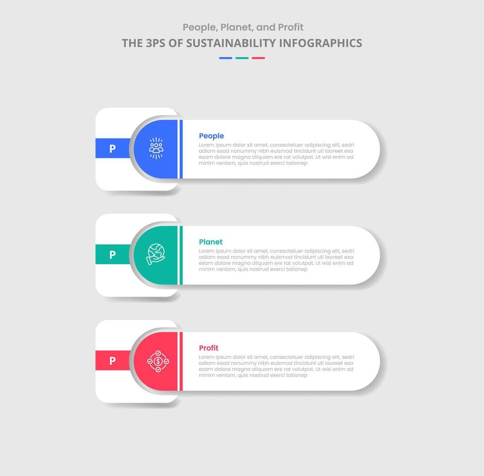 3P sustainability concept for infographic with drop shadow style with big round rectangle with square shape slice edge with 3 point list information vector