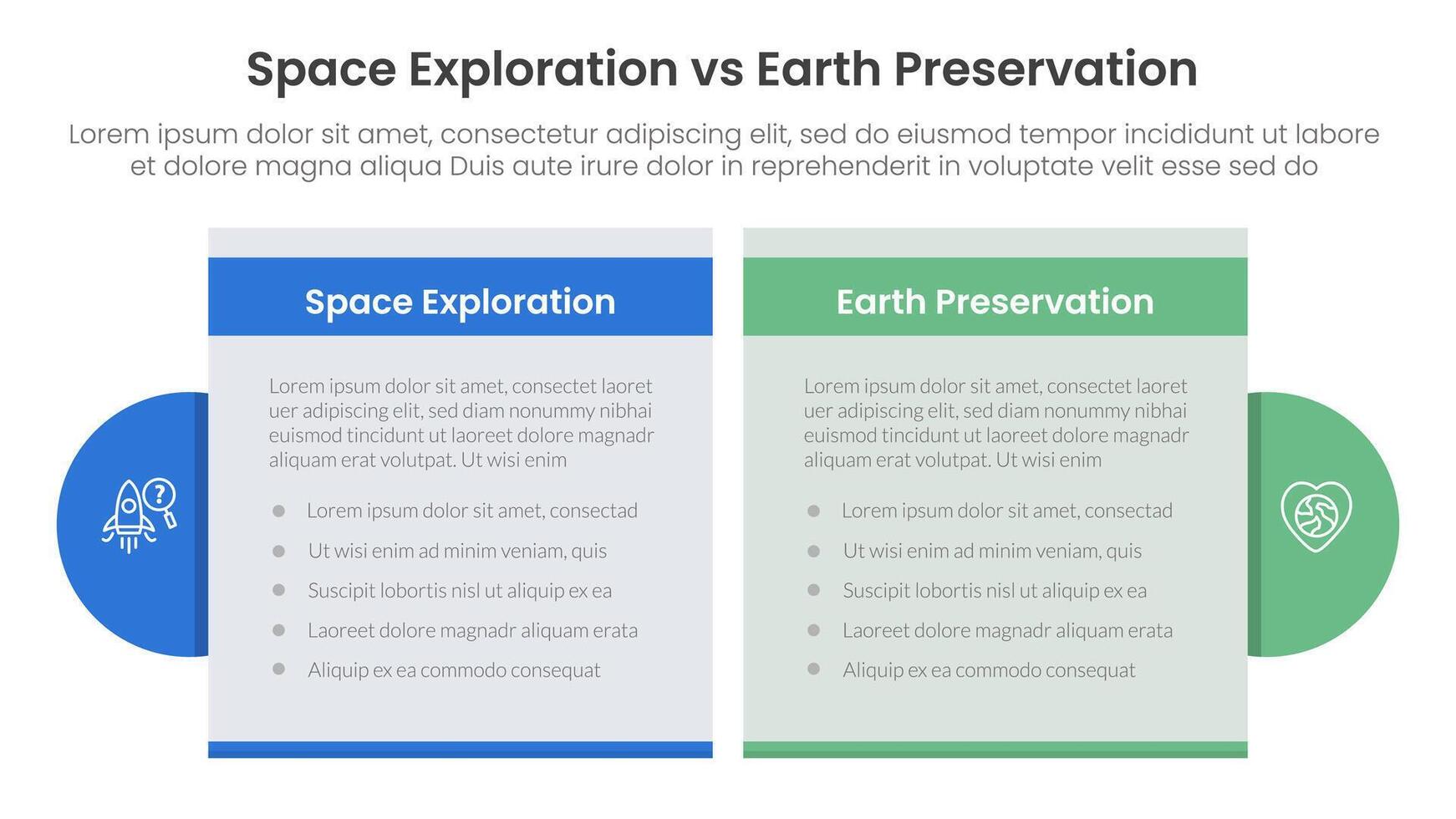 space exploration vs earth preservation comparison concept for infographic template banner with table box and circle accessories with two point list information vector