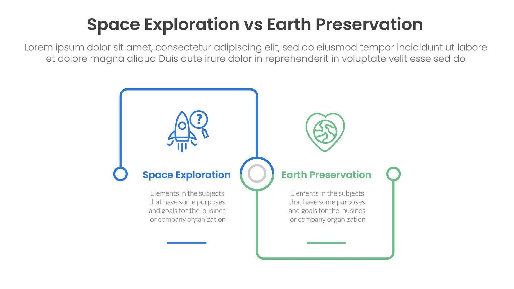 space exploration vs earth preservation comparison concept for infographic template banner with square outline linked connection square base with two point list information vector