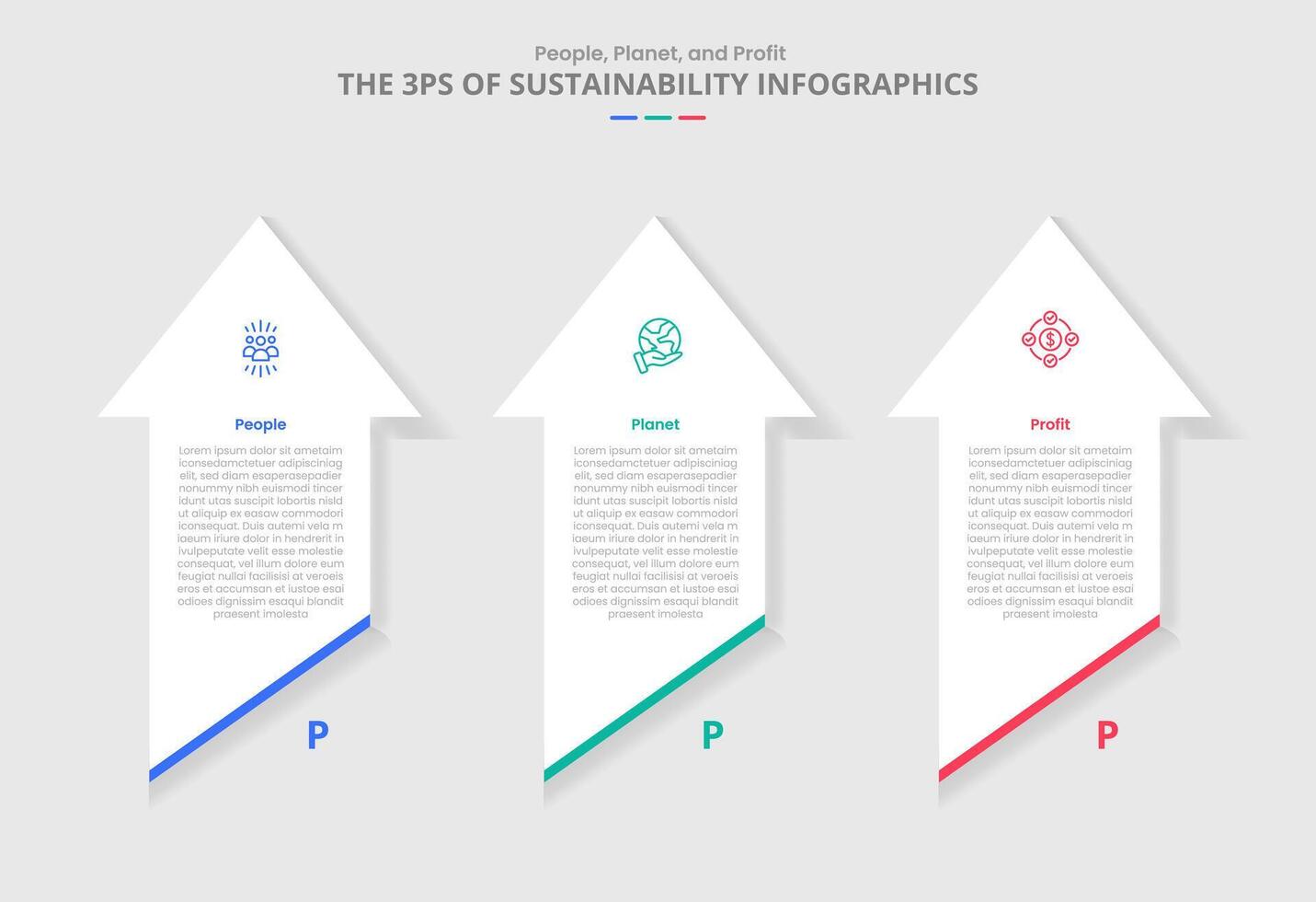 3P sustainability concept for infographic with drop shadow style with vertical arrow top direction with slice bottom with 3 point list information vector