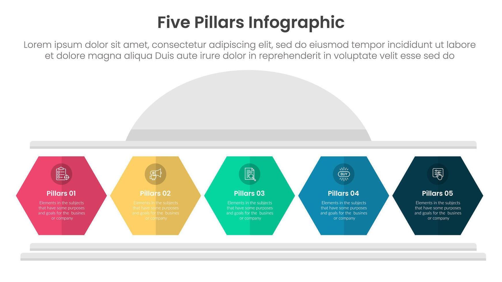 Five pillars framework with ancient classic construction infographic with 5 point stage template with hexagon pillar shape for slide presentation vector