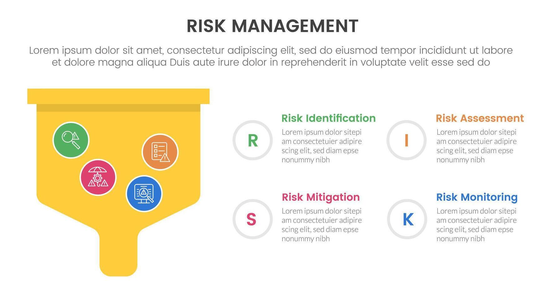 risk management infographic with 4 point stage template with bold funnel box for slide presentation vector