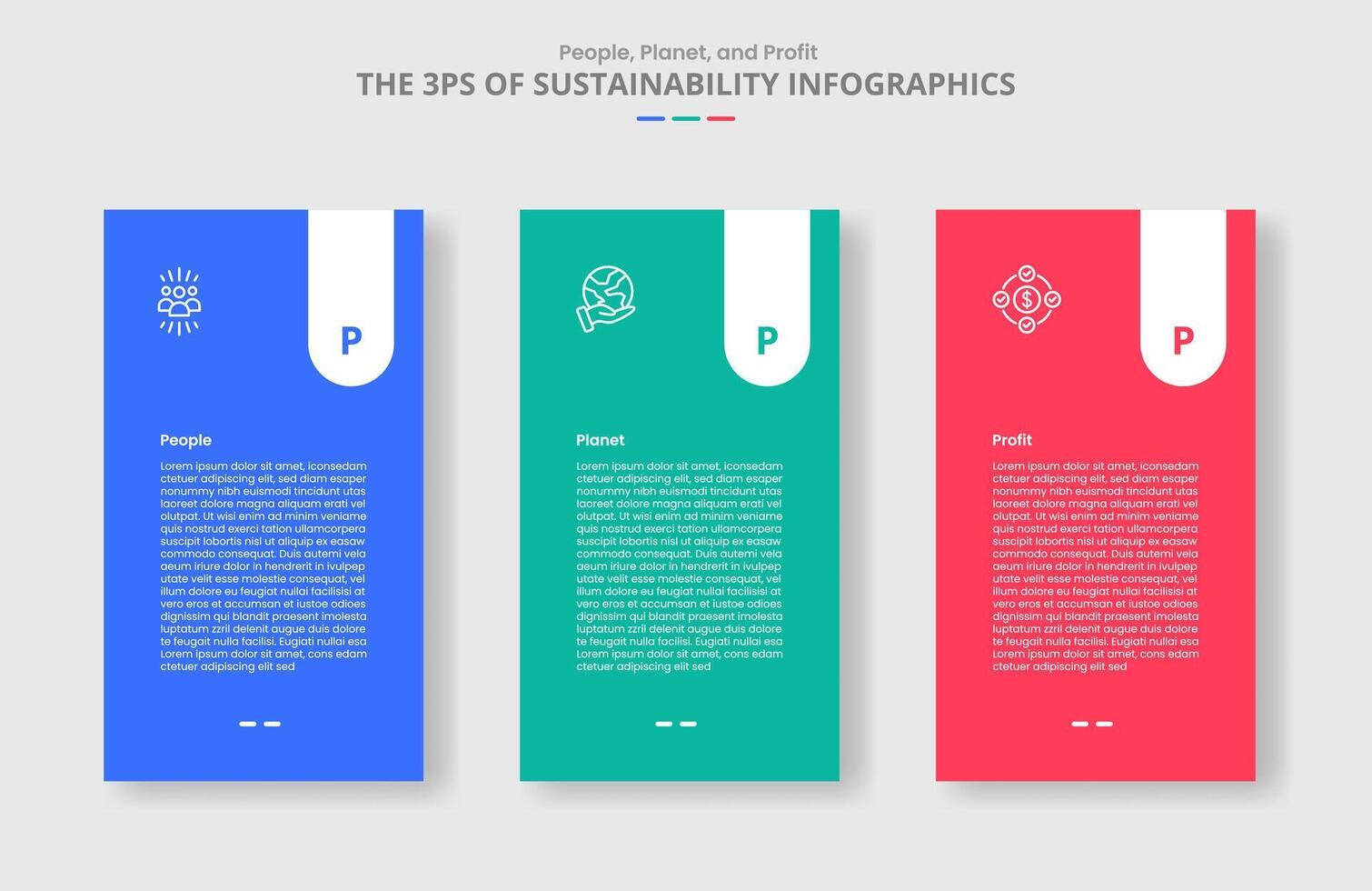 3P sustainability concept for infographic with drop shadow style with vertical box with round badge on top with 3 point list information vector