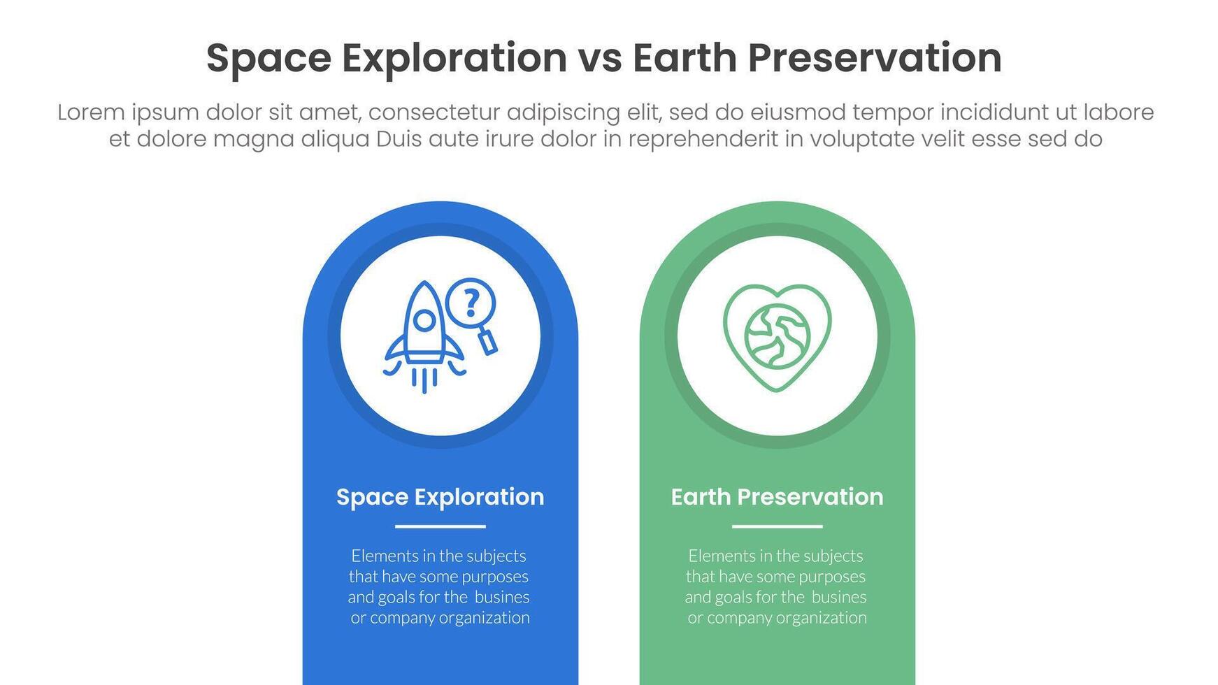space exploration vs earth preservation comparison concept for infographic template banner with round shape on top vertical box with two point list information vector