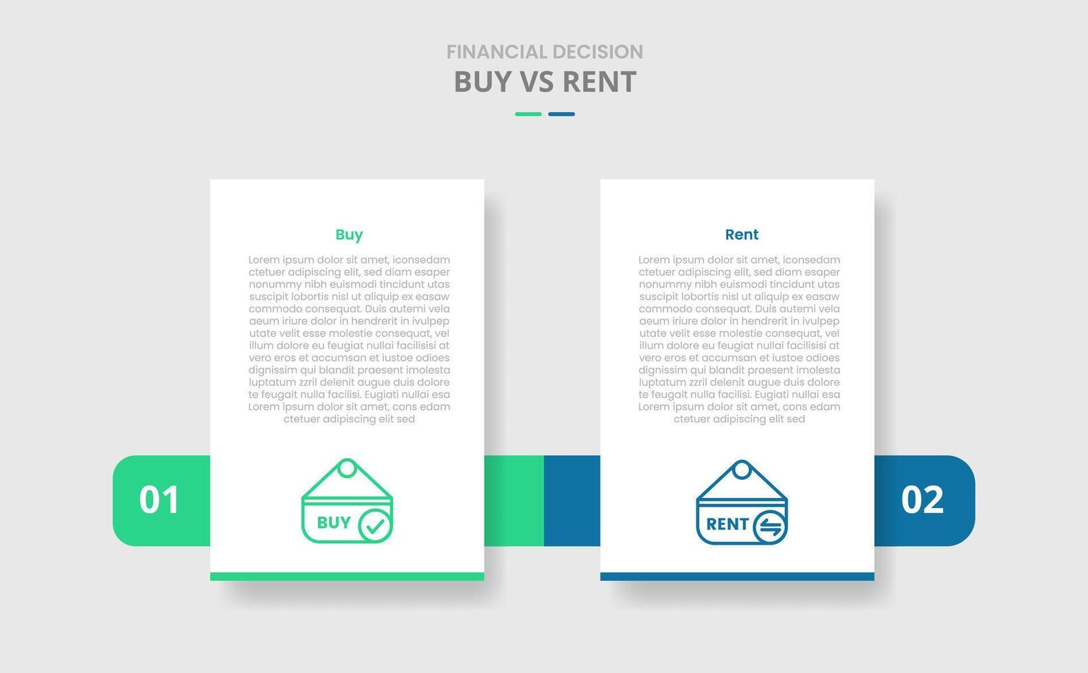 buy vs rent comparison for infographic with vertical standing box and horizontal box through drop shadow style with two point list information vector