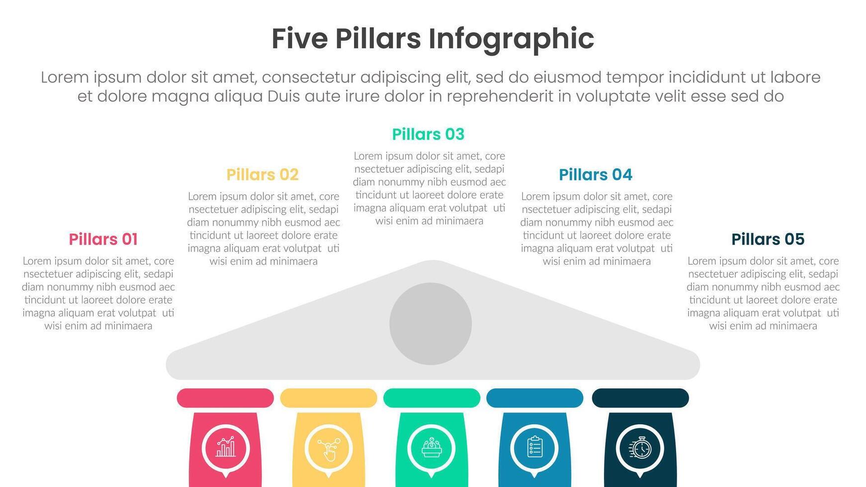 Five pillars framework with ancient classic construction infographic with 5 point stage template with half bottom building on center for slide presentation vector