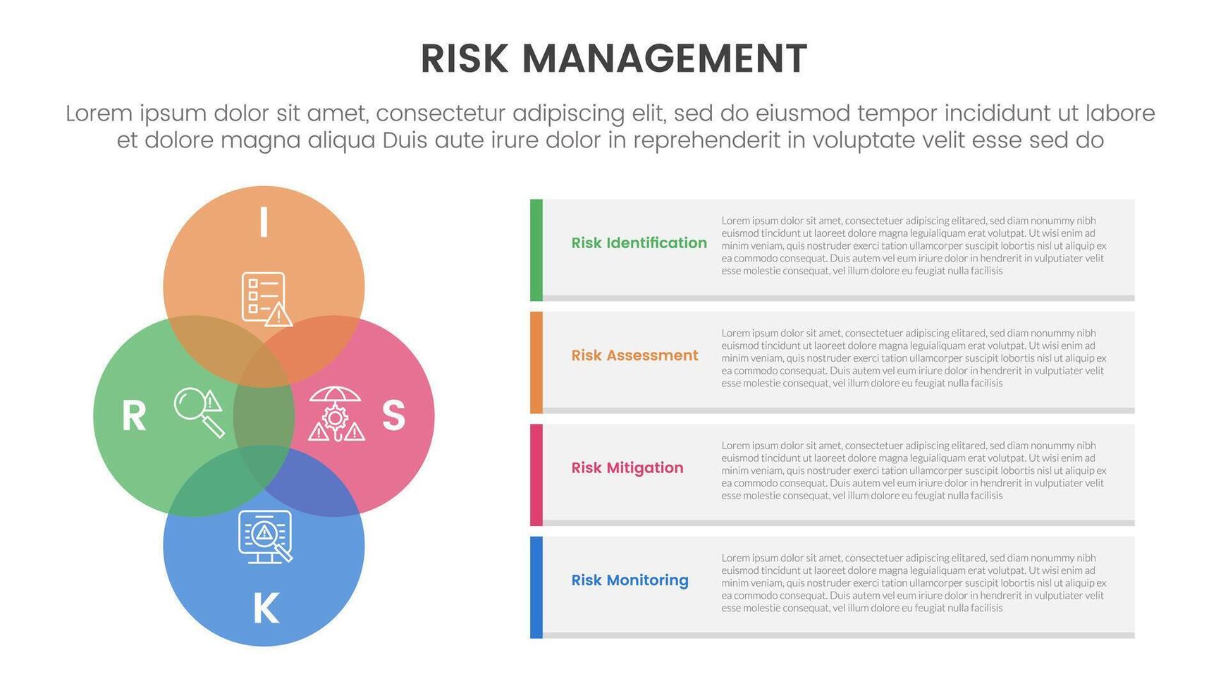 risk management infographic with 4 point stage template with venn diagram blending and vertical circle with container rectangle box for slide presentation vector