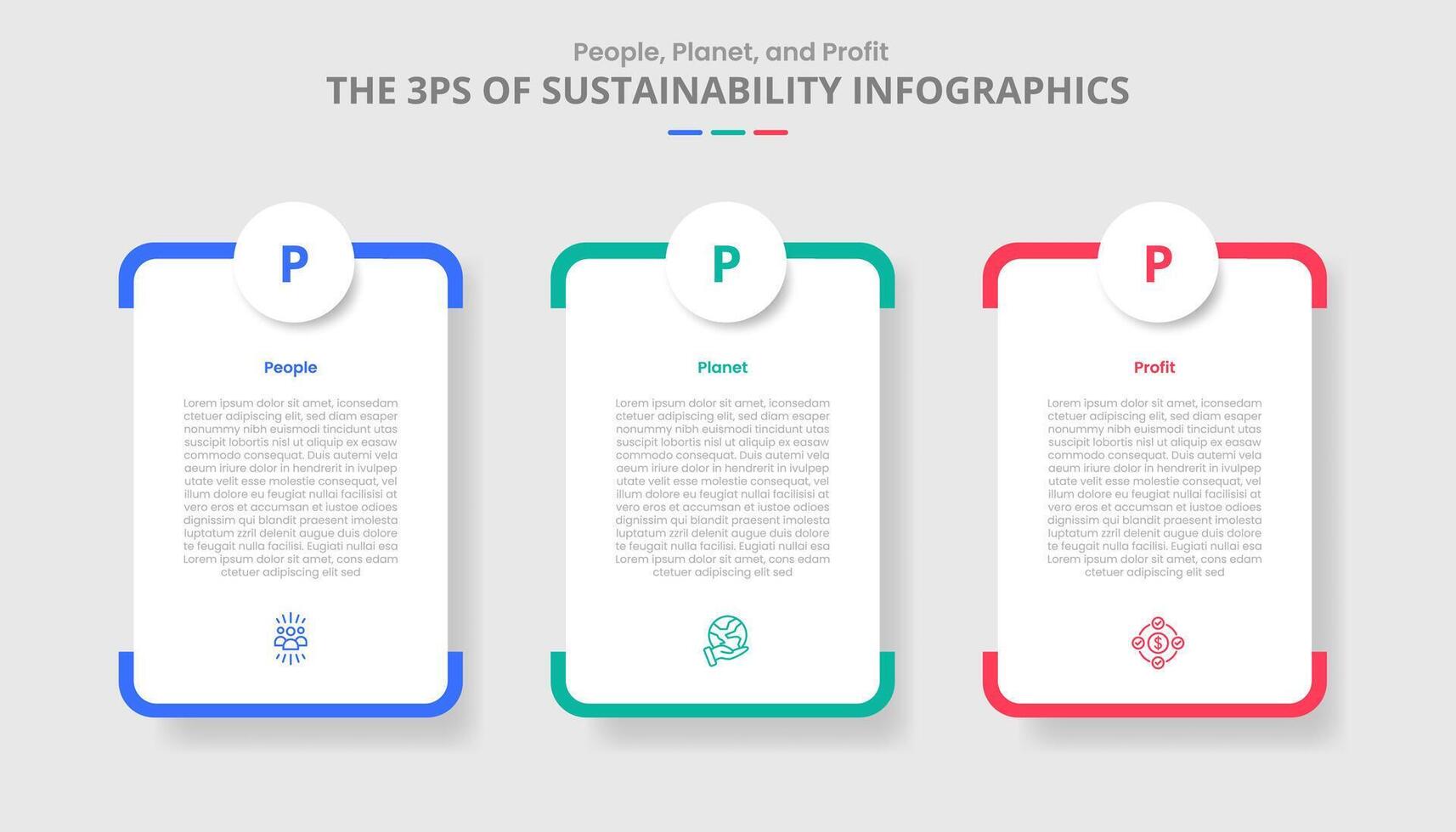 3P sustainability concept for infographic with drop shadow style with round vertical box with circle badge top with 3 point list information vector