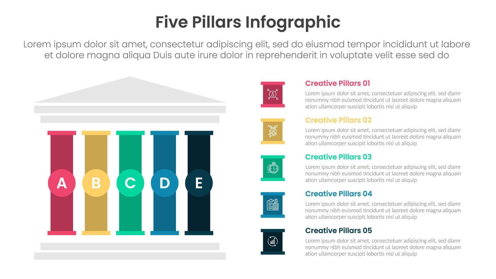 Five pillars framework with ancient classic construction infographic with 5 point stage template with left column and creative box description for slide presentation vector