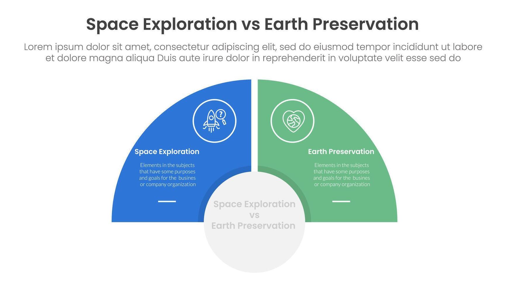 space exploration vs earth preservation comparison concept for infographic template banner with half circle slice balance opposite with two point list information vector
