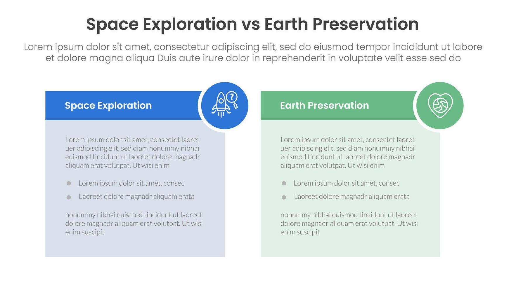 space exploration vs earth preservation comparison concept for infographic template banner with table box and circle badge with two point list information vector