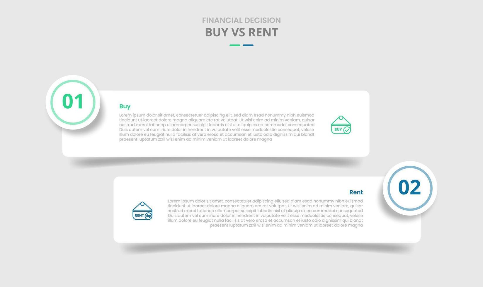 buy vs rent comparison for infographic with round rectangle box with circle badge drop shadow style with two point list information vector