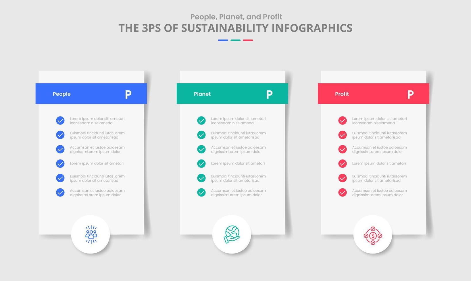 3P sustainability concept for infographic with drop shadow style with vertical box with checklist and circle badge bottom with 3 point list information vector
