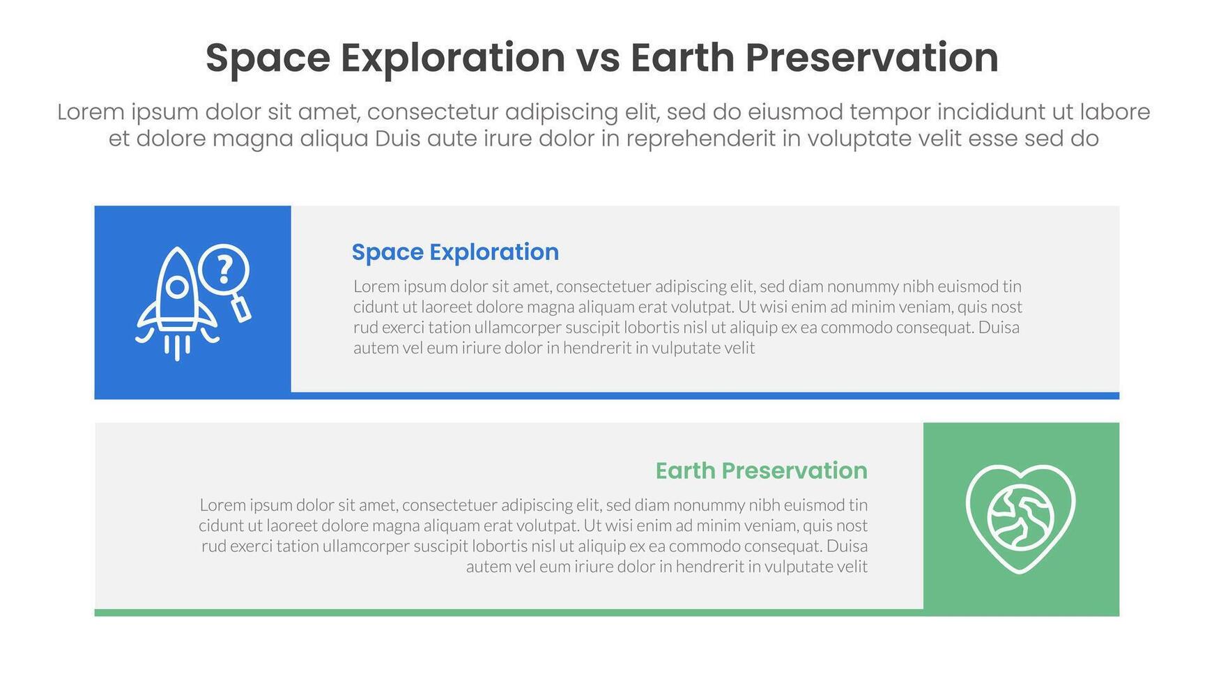 space exploration vs earth preservation comparison concept for infographic template banner with long rectangle box horizontal stack with two point list information vector