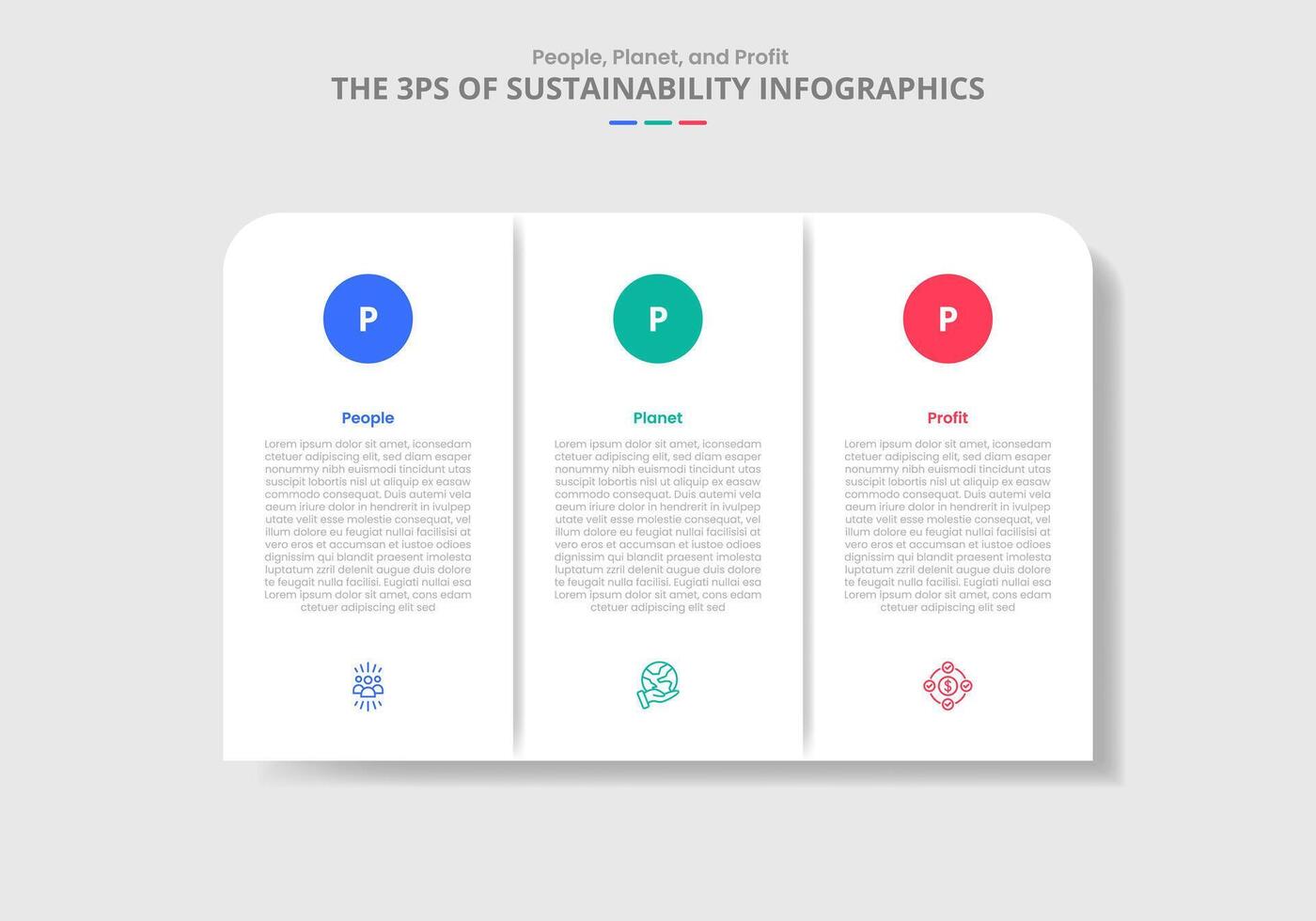 3P sustainability concept for infographic with drop shadow style with round box unite with circle badge on top with 3 point list information vector