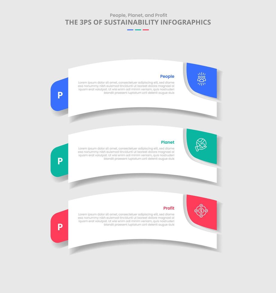 3P sustainability concept for infographic with drop shadow style with round rectangle box bending curve with 3 point list information vector