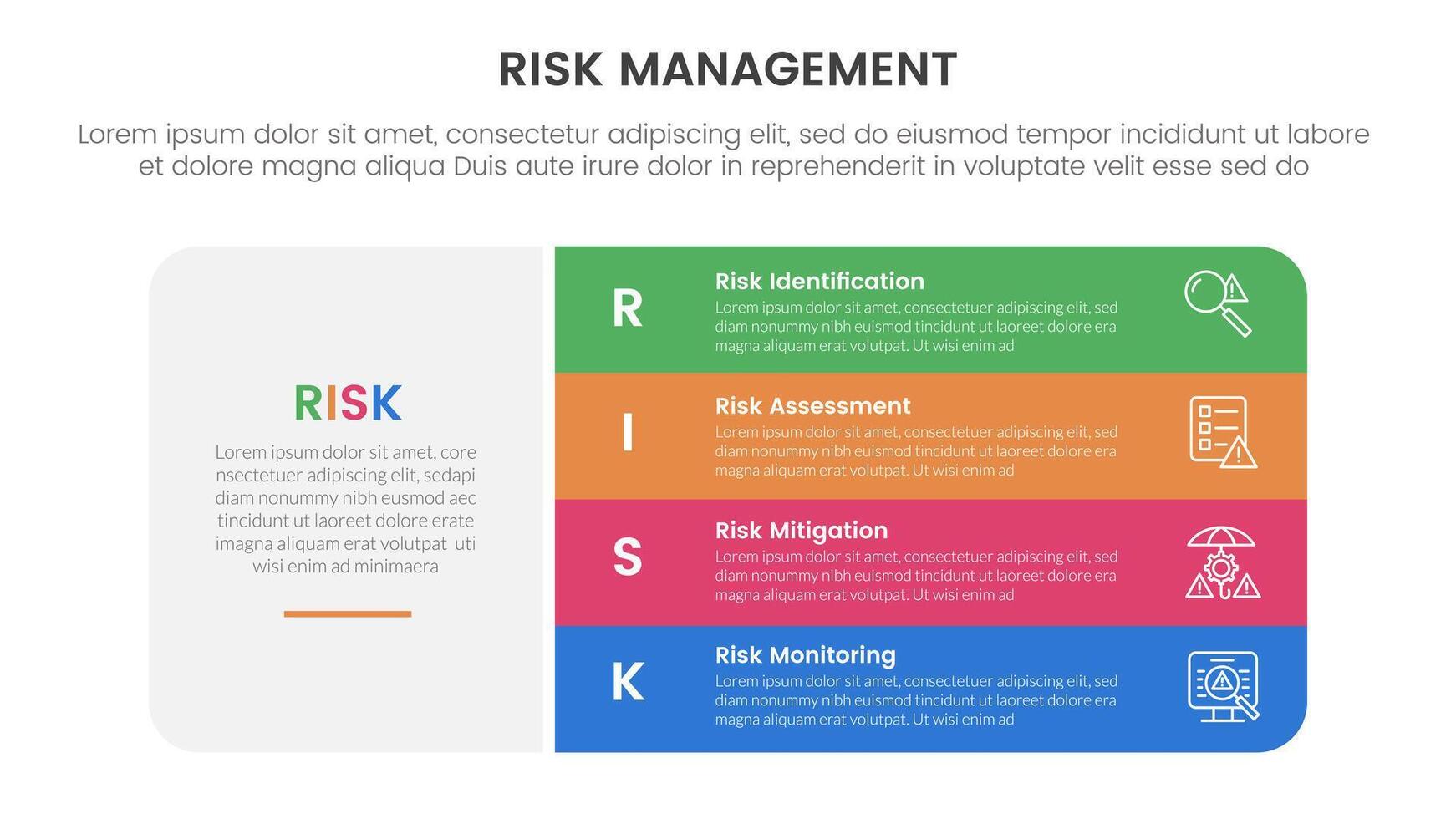 risk management infographic with 4 point stage template with big round box and vertical stack point for slide presentation vector
