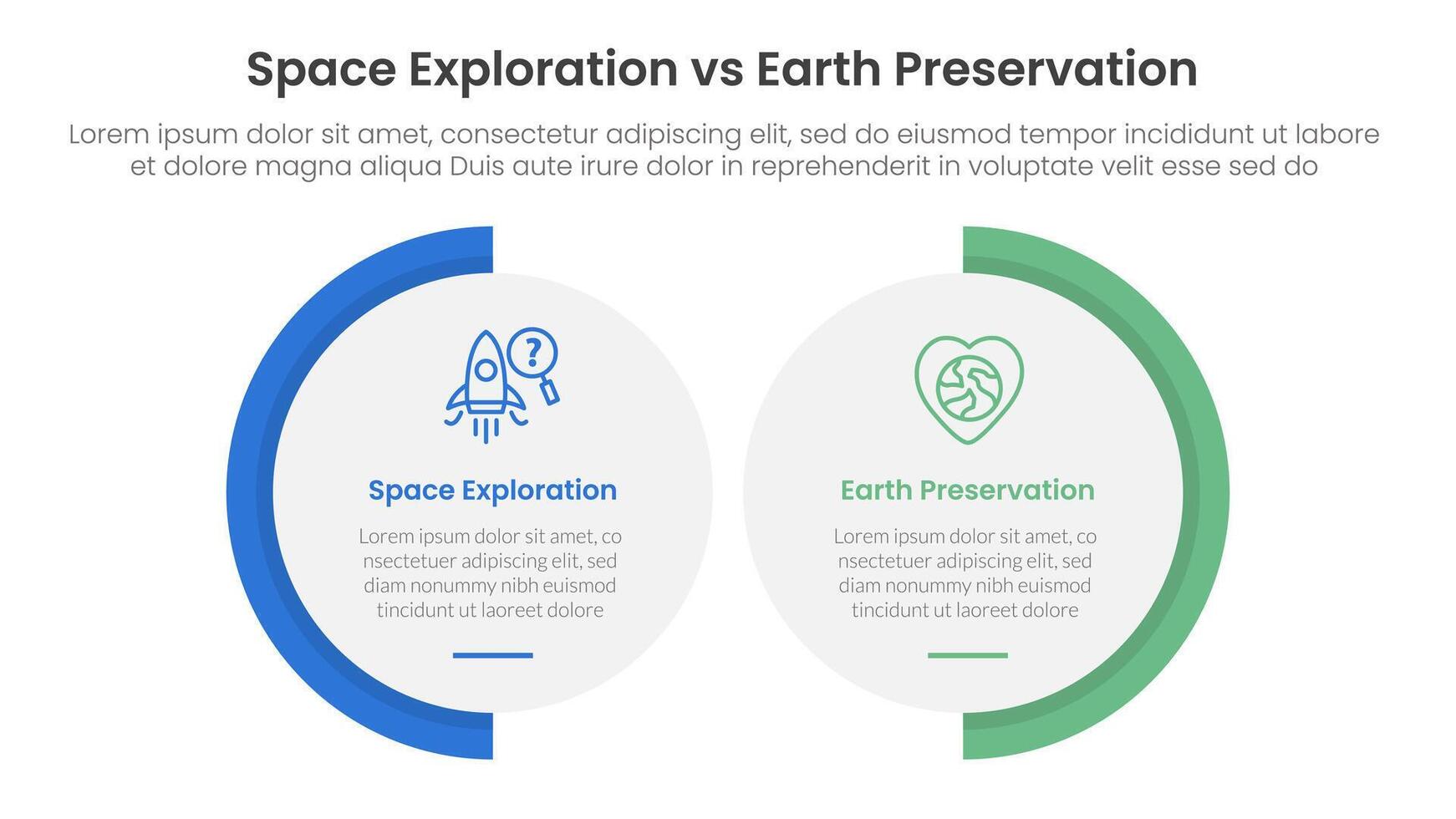 space exploration vs earth preservation comparison concept for infographic template banner with big circle shape variation with two point list information vector