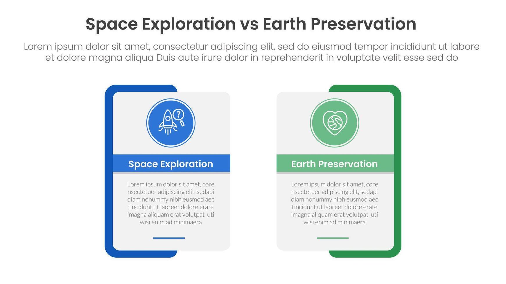 space exploration vs earth preservation comparison concept for infographic template banner with rectangle shape bold outline and circle badge with two point list information vector