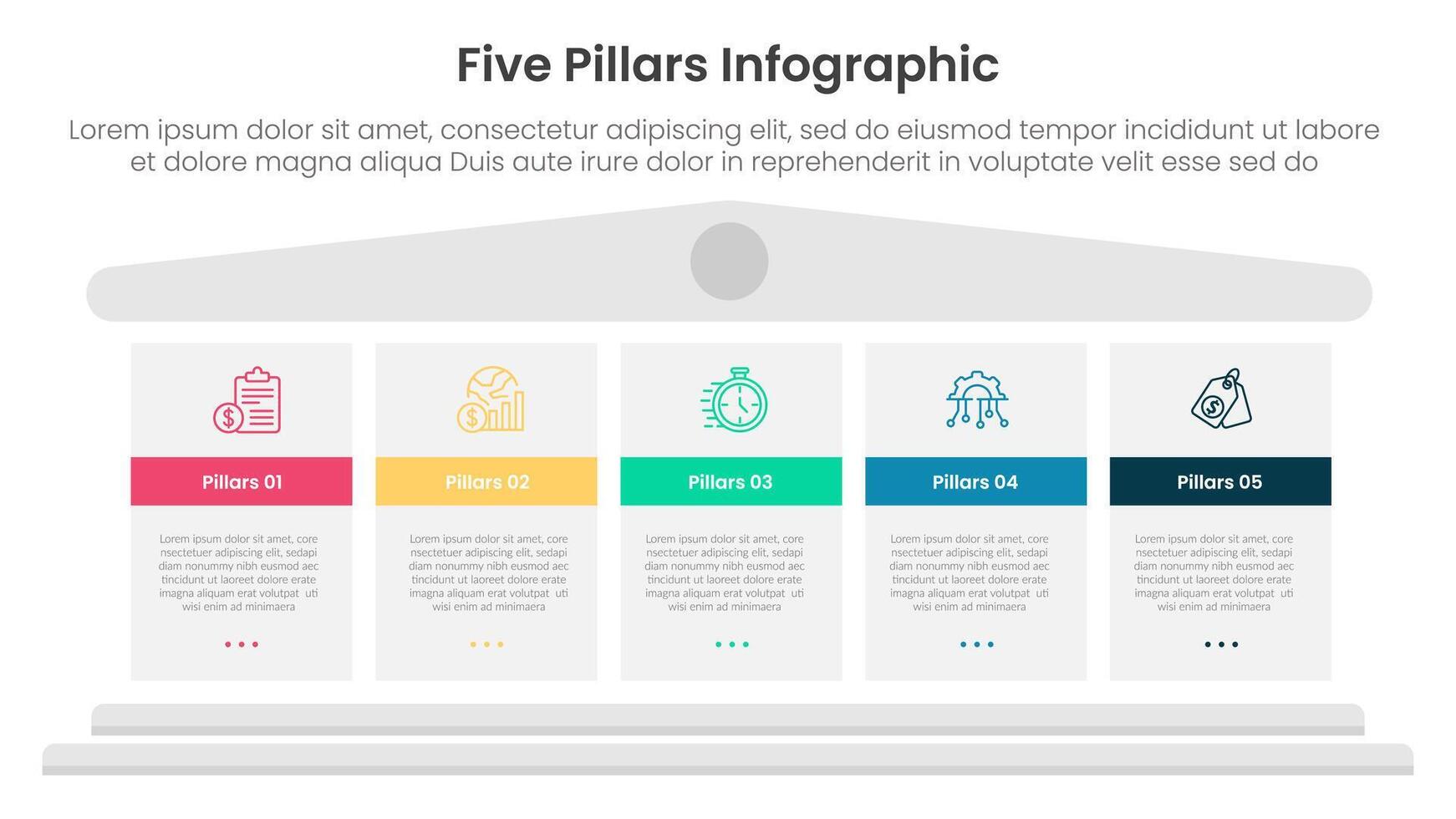 Five pillars framework with ancient classic construction infographic with 5 point stage template with big block pillars for slide presentation vector