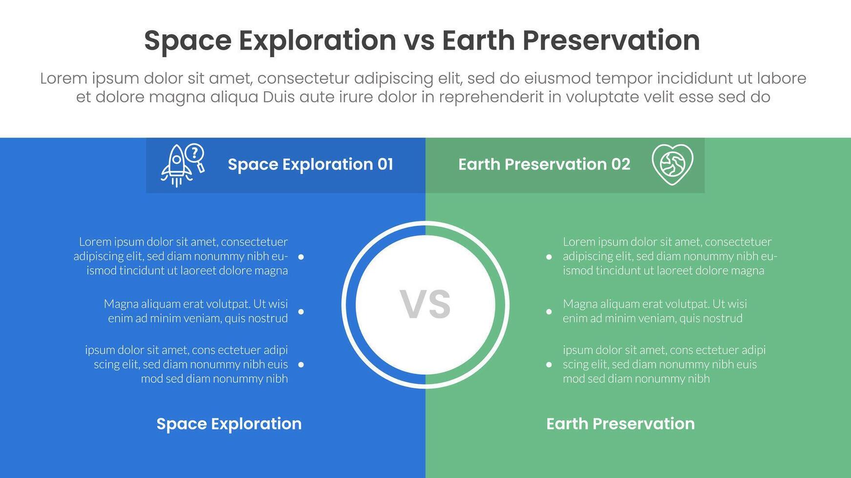 space exploration vs earth preservation comparison concept for infographic template banner with full page box background center with two point list information vector