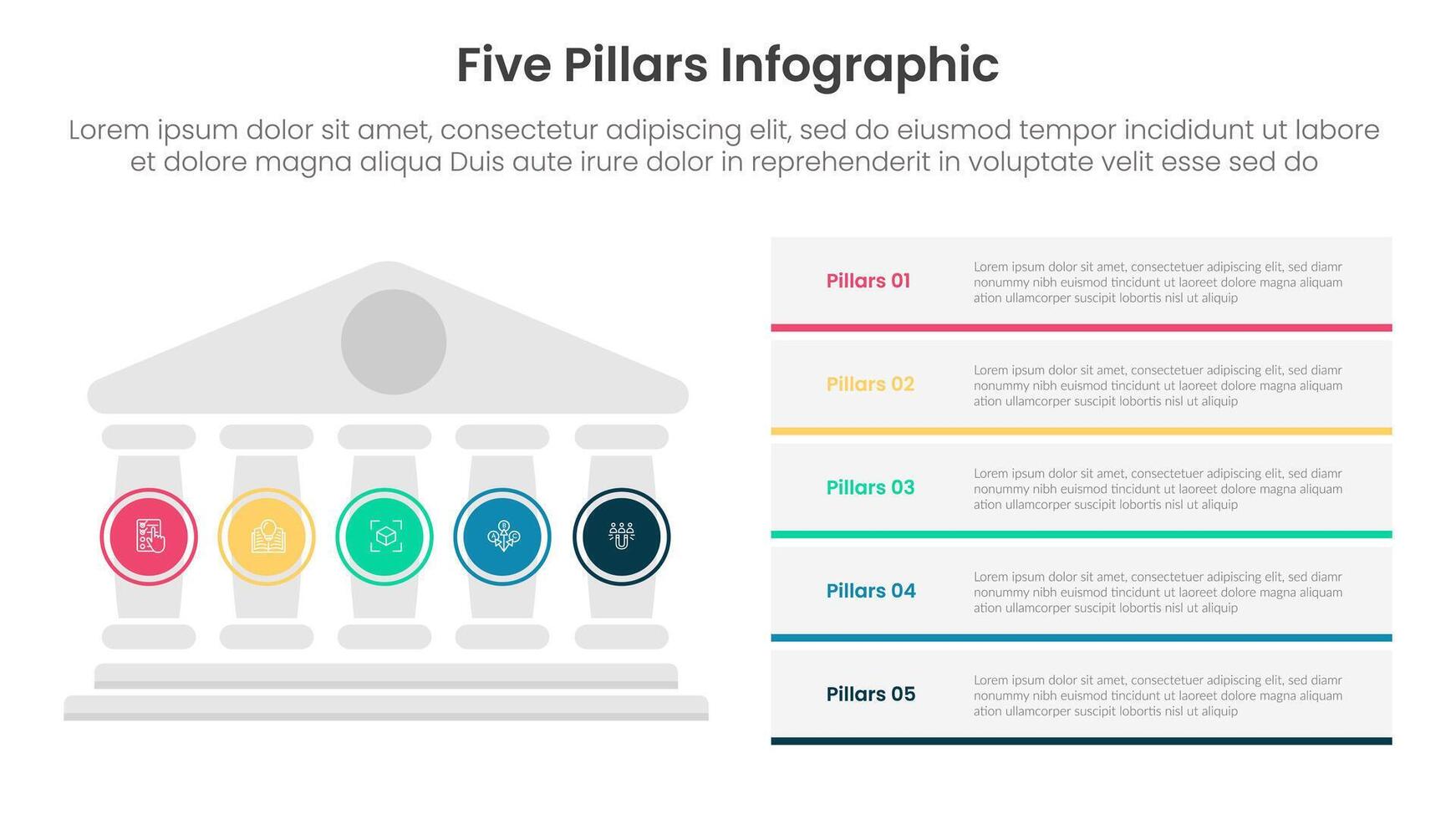 Five pillars framework with ancient classic construction infographic with 5 point stage template with pillars on left and rectangle box stack for slide presentation vector