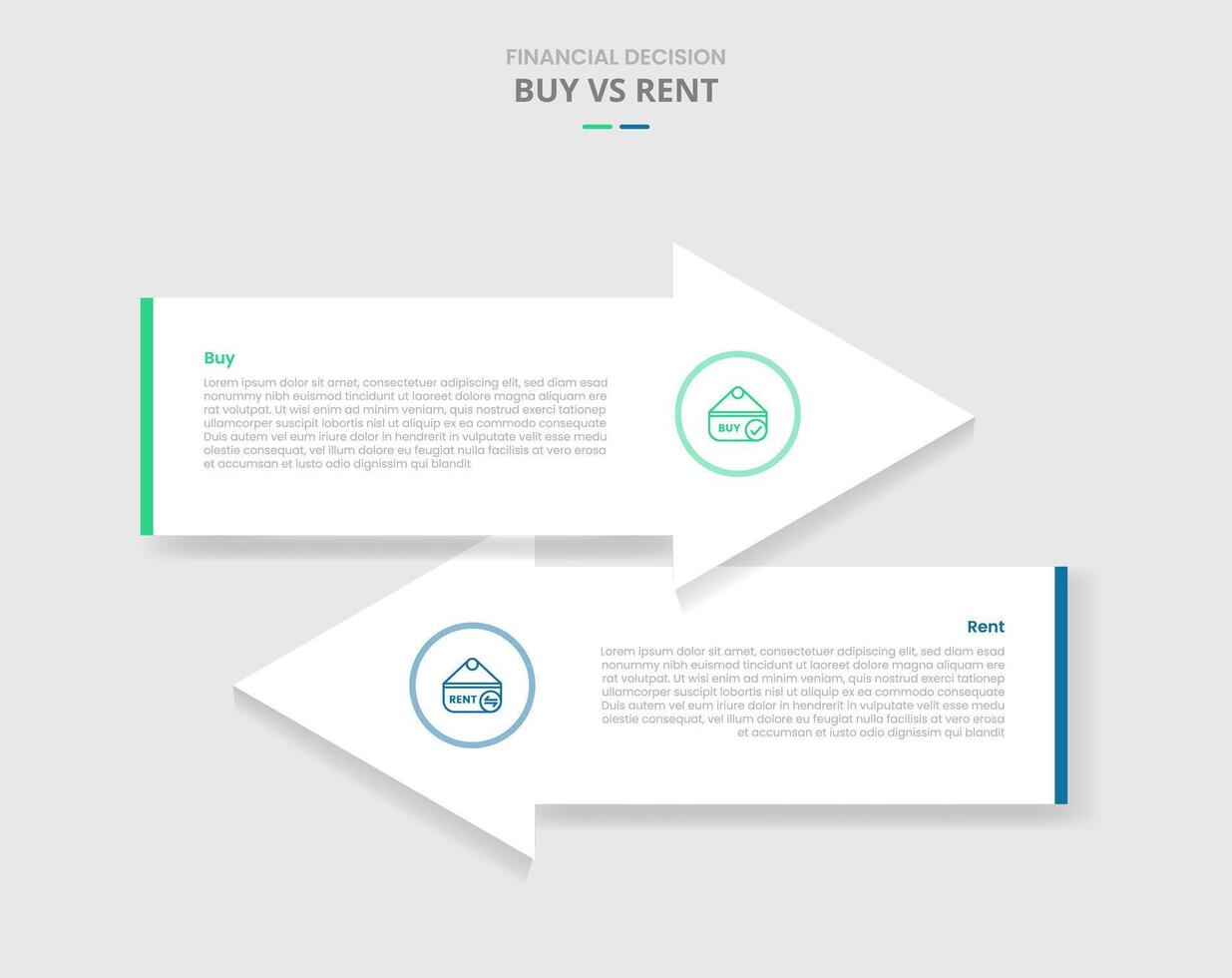 buy vs rent comparison for infographic with big arrow container opposite direction drop shadow style with two point list information vector