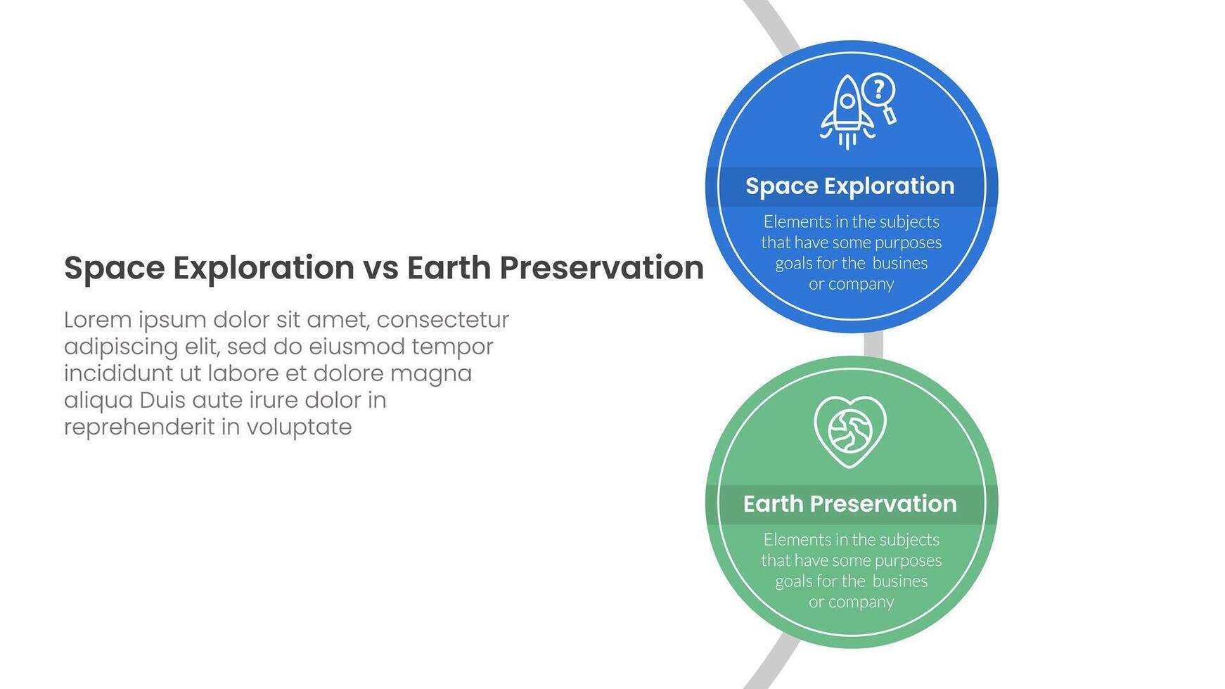 space exploration vs earth preservation comparison concept for infographic template banner with big circle vertical on circle line with two point list information vector
