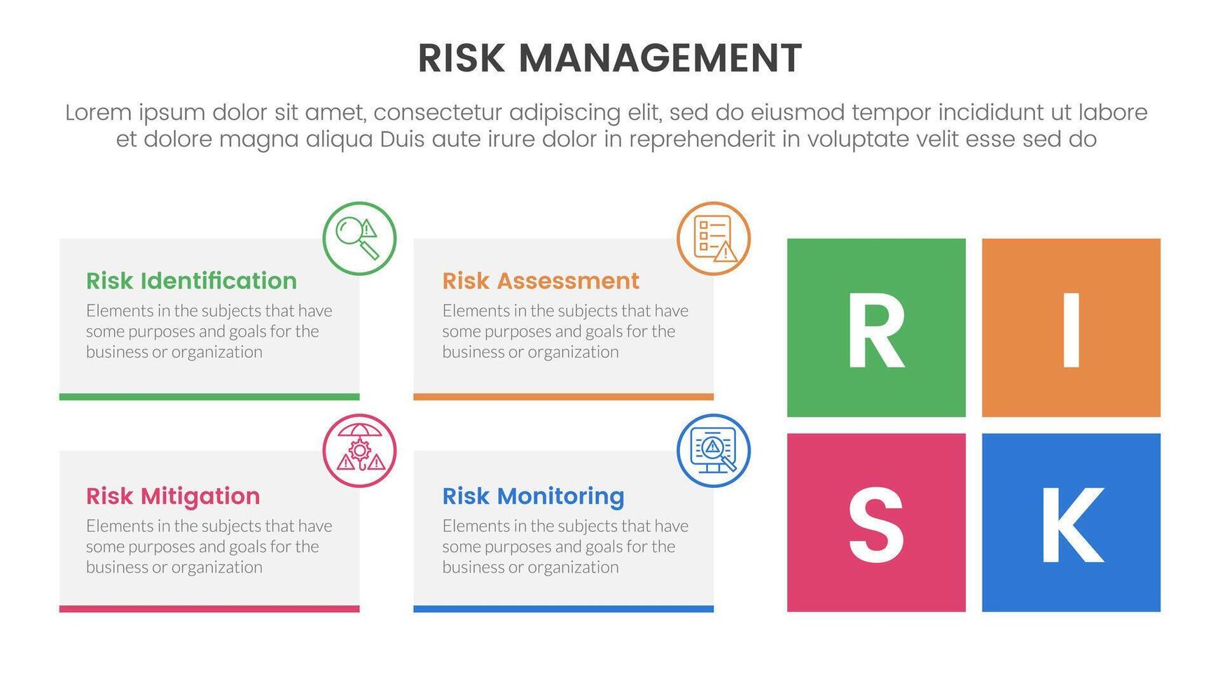risk management infographic with 4 point stage template with rectangle box container and square shape for slide presentation vector