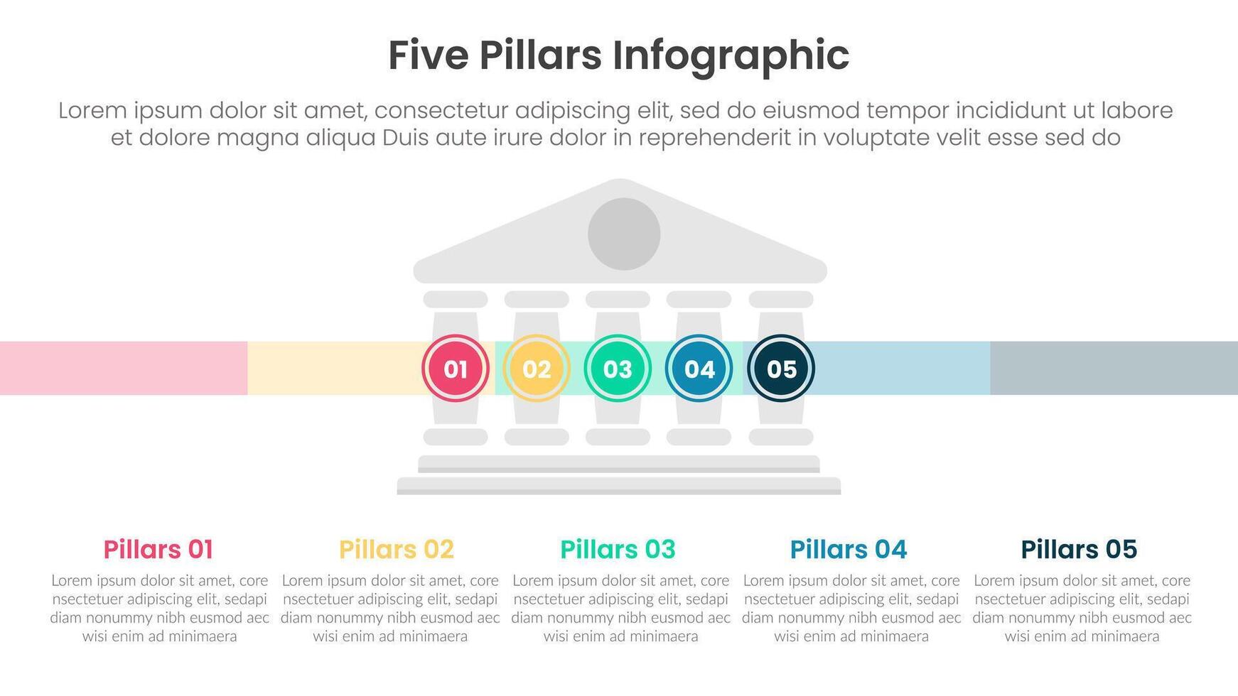 Five pillars framework with ancient classic construction infographic with 5 point stage template with small building center and circle point for slide presentation vector
