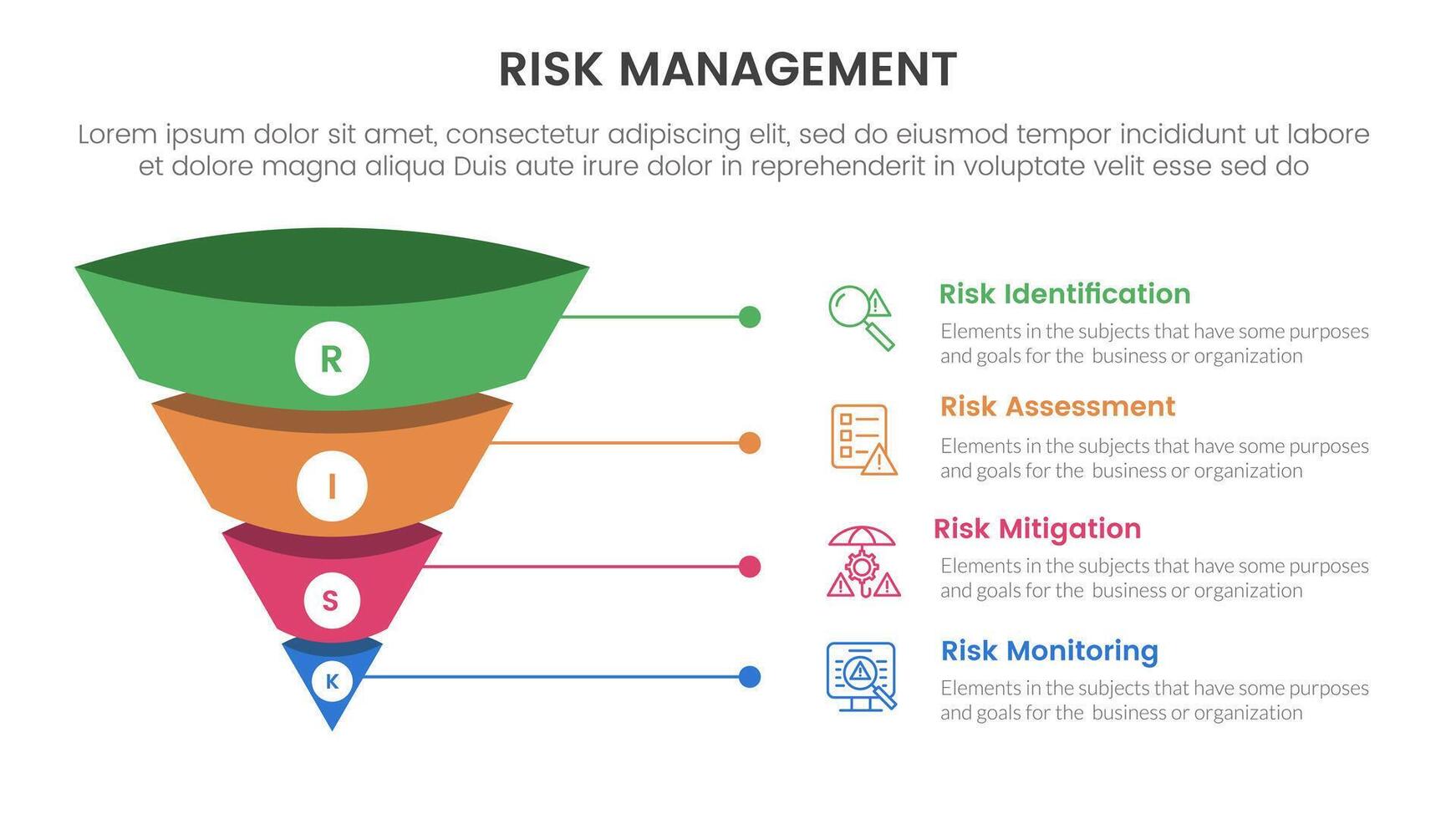 risk management infographic with 4 point stage template with 3d funnel pyramid reverse shape with line for slide presentation vector