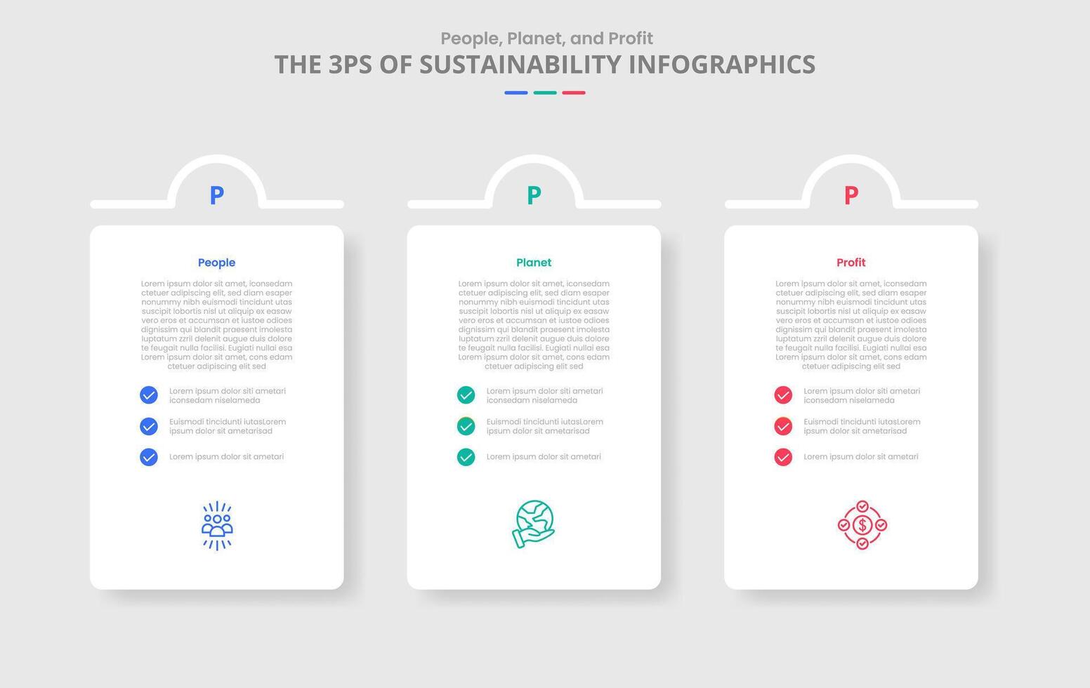 3P sustainability concept for infographic with drop shadow style with vertical box with half circle top badge with 3 point list information vector