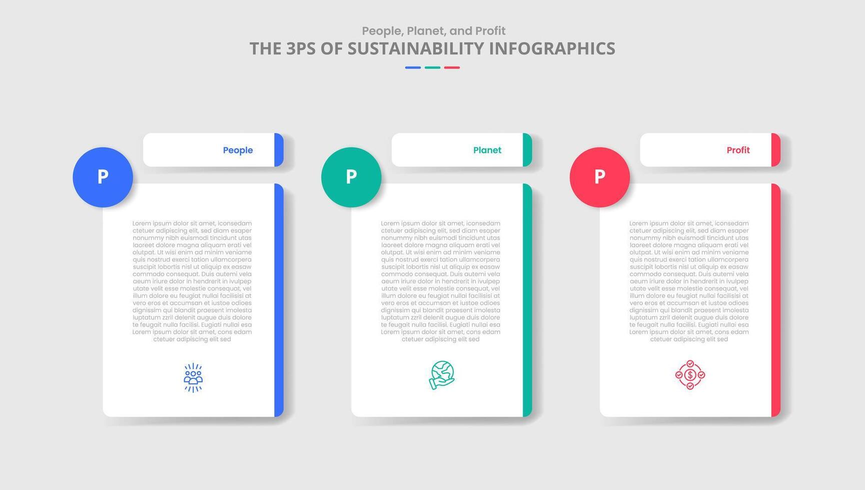 3P sustainability concept for infographic with drop shadow style with table separated header with circle badge with 3 point list information vector