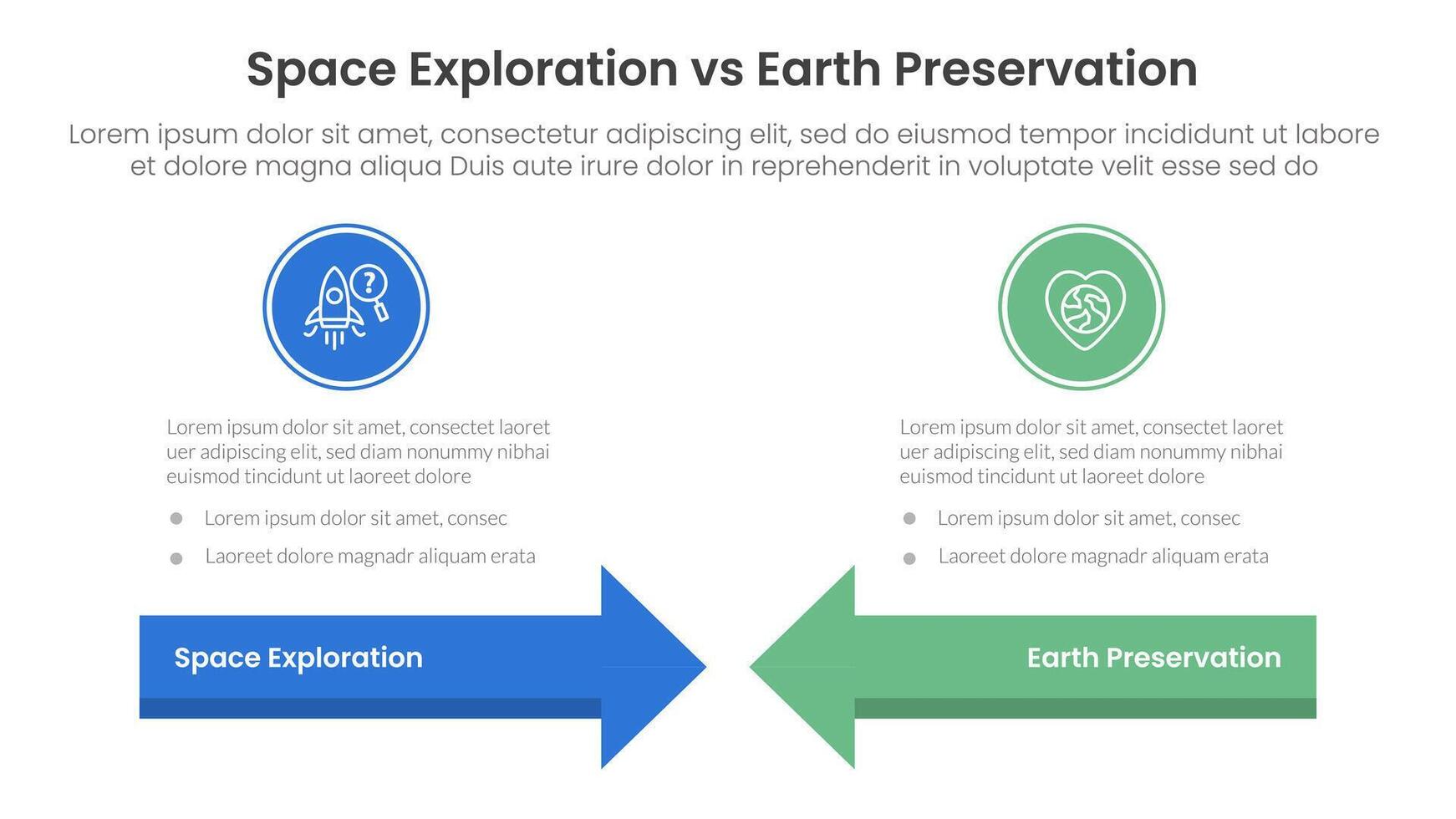 space exploration vs earth preservation comparison concept for infographic template banner with arrow head to head with two point list information vector