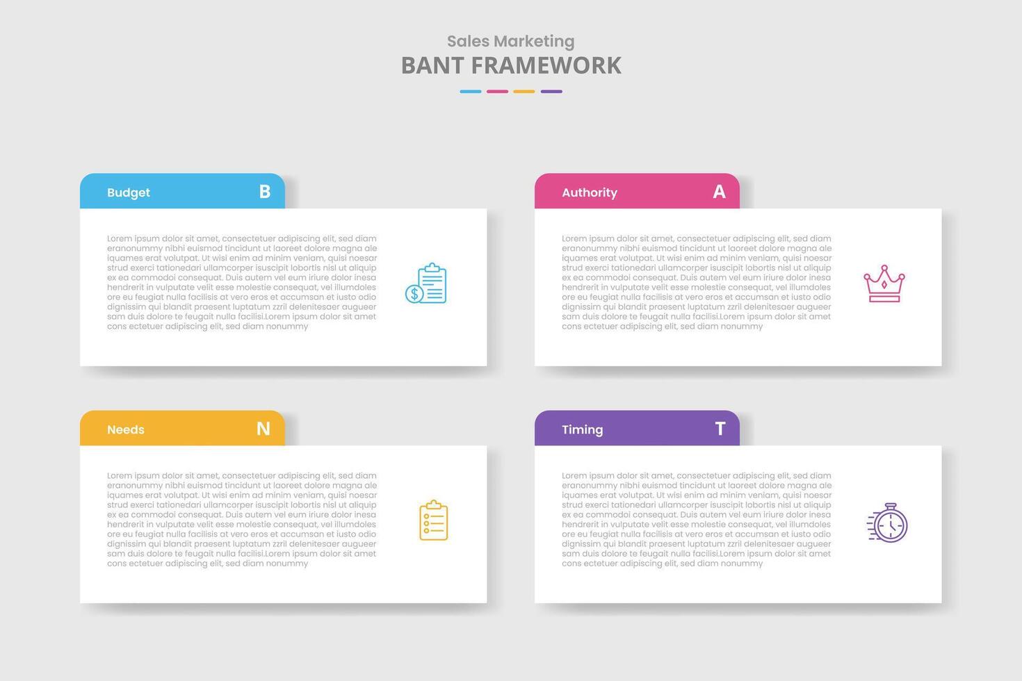 BANT framework for infographic with drop shadow style with rectangle box with round header badge with 4 point list information vector