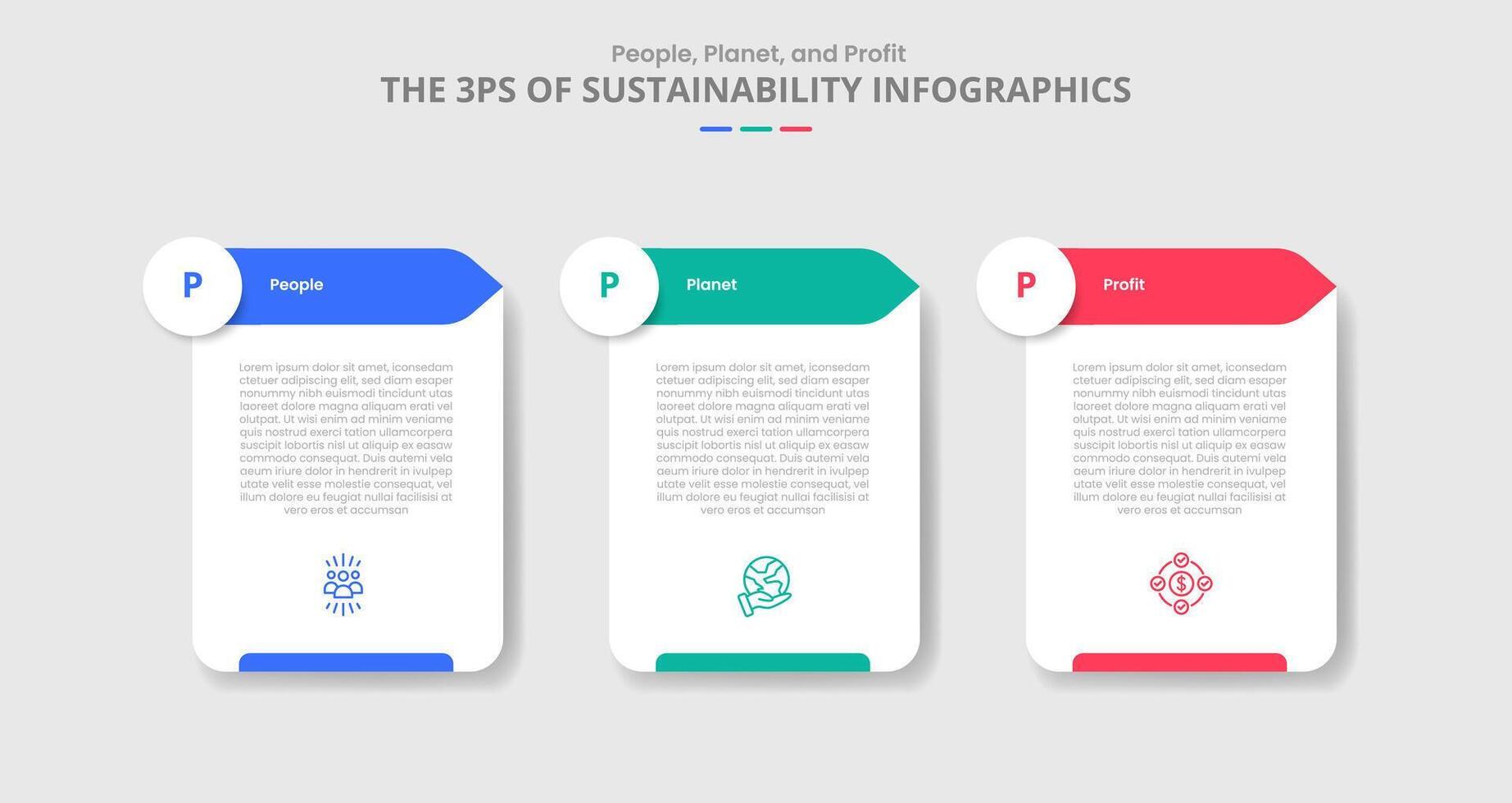 3P sustainability concept for infographic with drop shadow style with table box container with circle and arrow direction with 3 point list information vector
