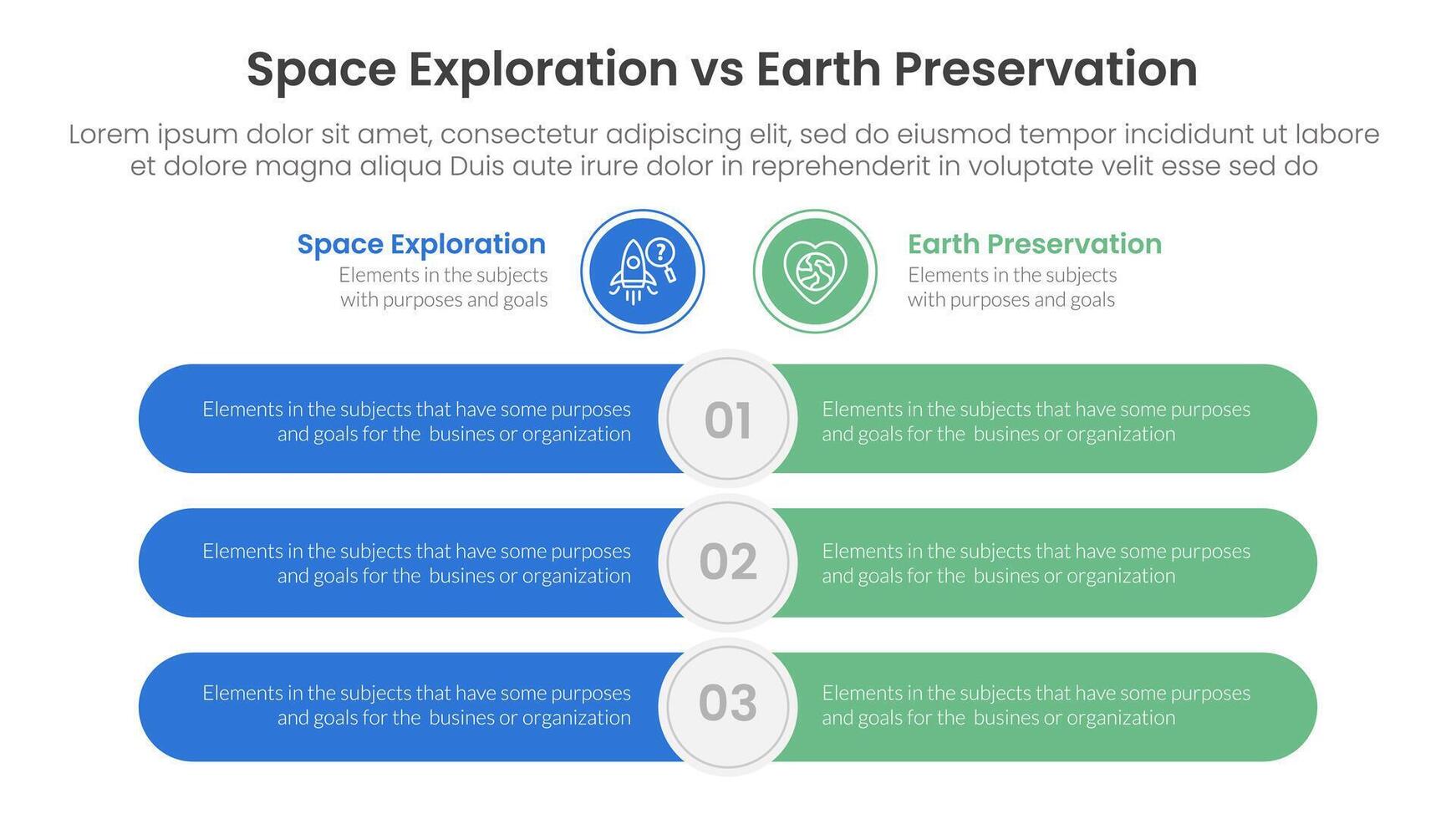 space exploration vs earth preservation comparison concept for infographic template banner with round rectangle bar opposite with two point list information vector