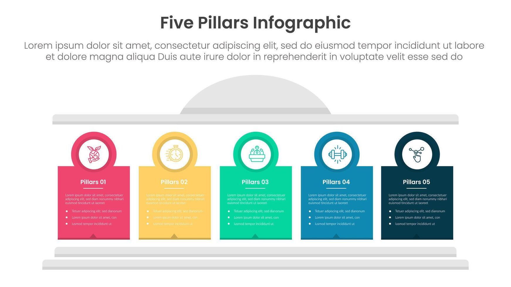 Five pillars framework with ancient classic construction infographic with 5 point stage template with creative block pillar and circle badge outline for slide presentation vector