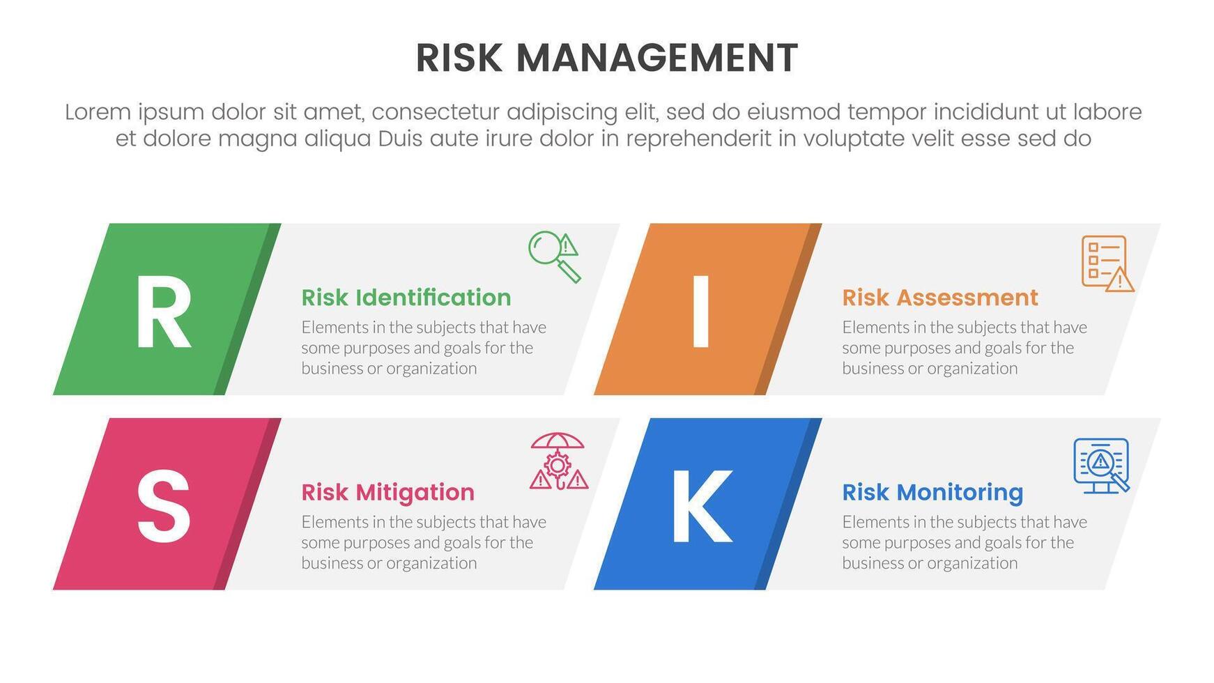 risk management infographic with 4 point stage template with skew rectangle box for slide presentation vector