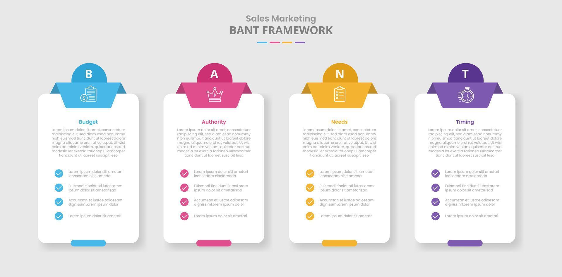 BANT framework for infographic with drop shadow style with box table container with checklist and circle badge top with 4 point list information vector
