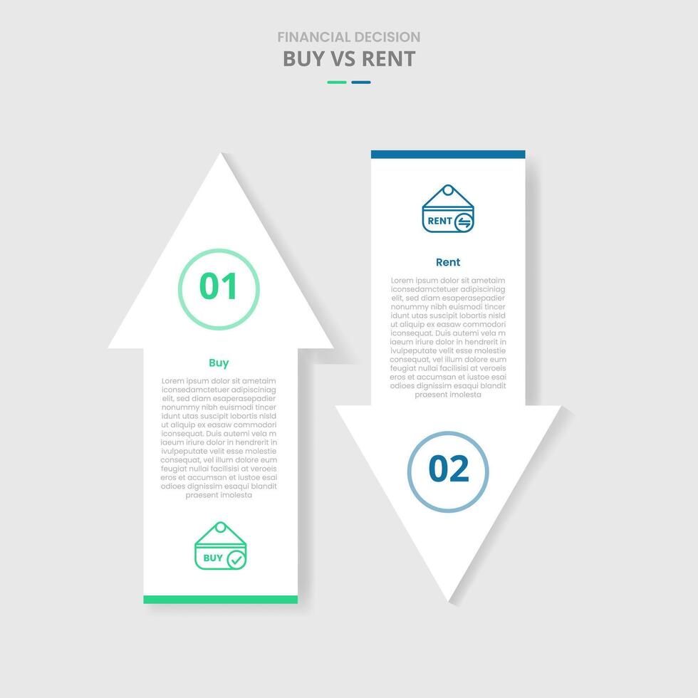 buy vs rent comparison for infographic with big arrow top and bottom direction opposite drop shadow style with two point list information vector